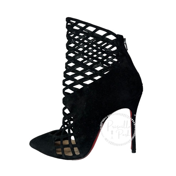 Christian Louboutin Black Suede Pointed Toe Ankle Boots Cutout Stiletto Heel 37 - Picture 11 of 16